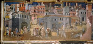 Os efeitos do bom governo nas cidades, detalhes da Alegoria e efeitos do bom e mau governo na cidade e no país, 1337-1343, Salão da Paz, Palazzo Publico, Siena